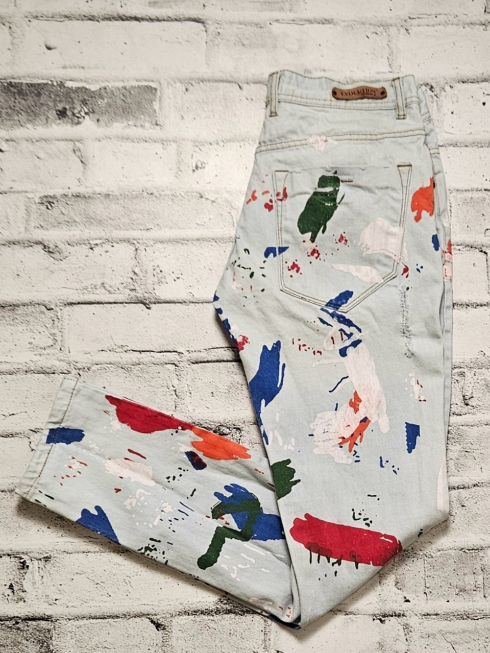 Evolution Paint Splatter Jeans 34x32 Light Wash Artistic Denim Streetwear Pants - Picture 2 of 9